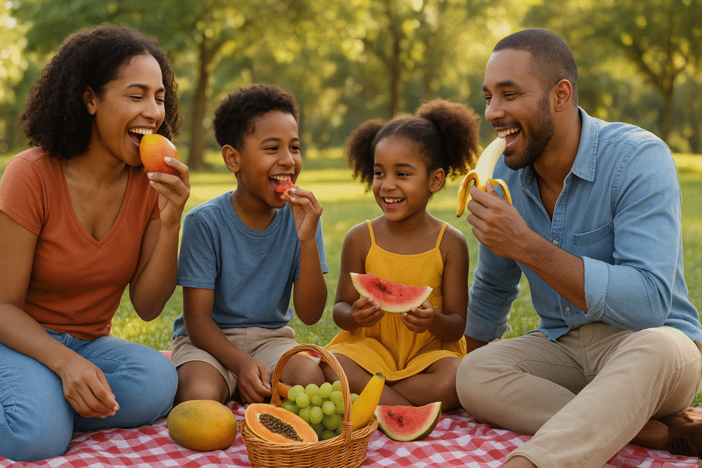 Família brasileira comendo frutas em piquenique saudável