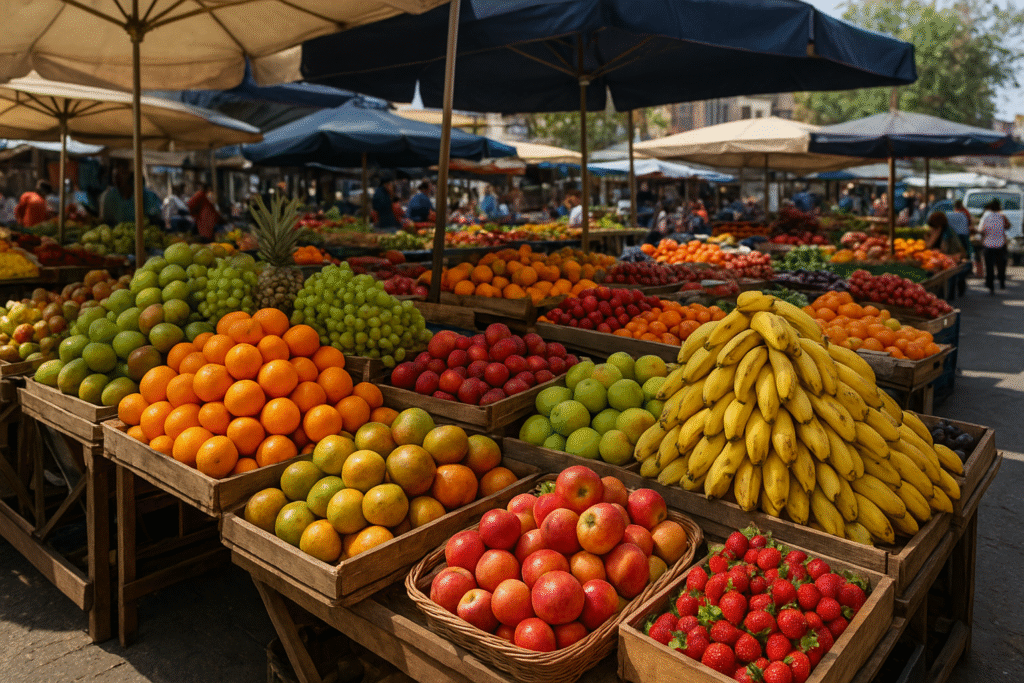 Mercado de frutas ao ar livre com variedade colorida de frutas frescas e tropicais