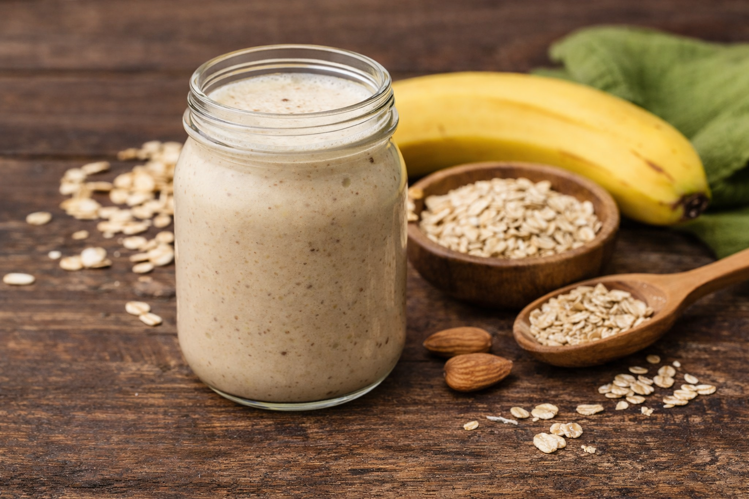 Smoothie cremoso de banana com aveia servido em copo de vidro, sobre mesa de madeira, com ingredientes naturais ao redor.
