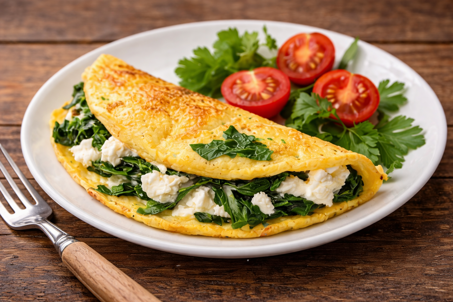 Omelete dourado com espinafre e queijo cottage servido em prato simples, em ambiente de cozinha com luz suave.
