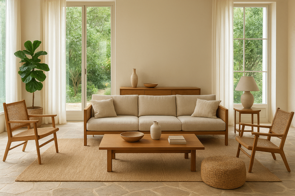 Decoração natural com madeira, pedra e fibras