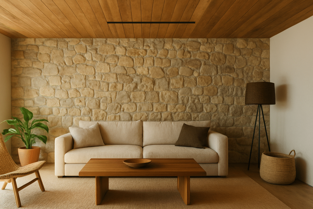 decoração com elementos naturais. Madeira, pedra e fibras