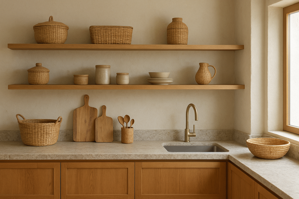 Decoração natural com madeira, pedra e fibras