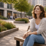 Mulher sentada em um banco de praça urbana, com jardins ao redor e prédios ao fundo, em um momento de pausa e tranquilidade