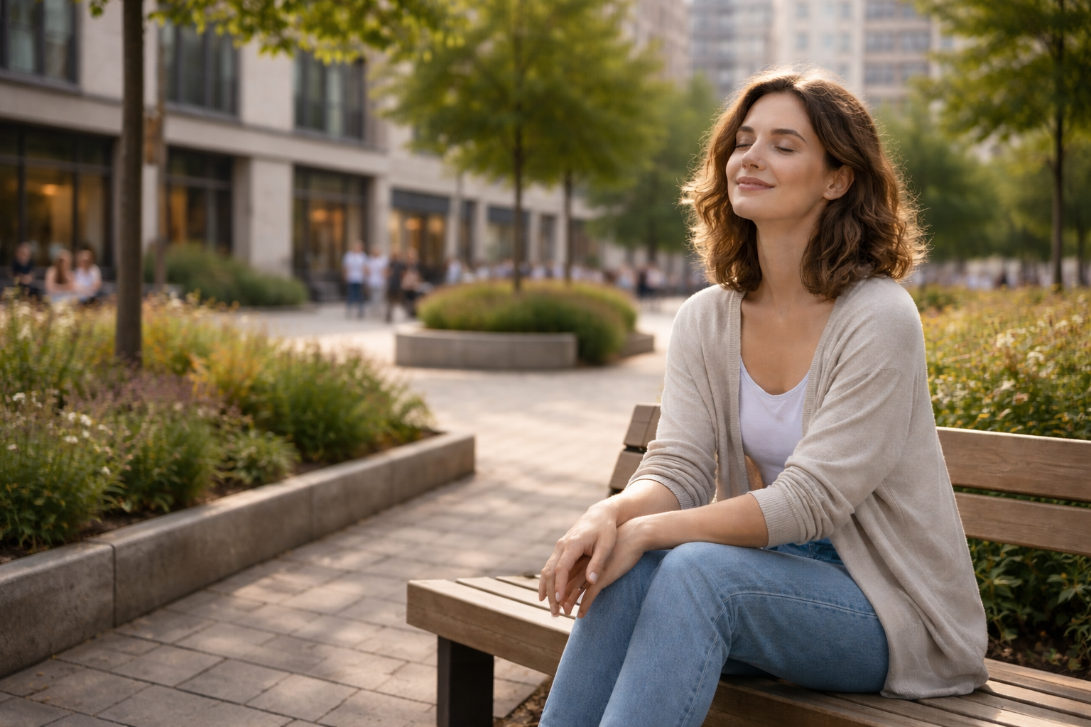 Mulher sentada em um banco de praça urbana, com jardins ao redor e prédios ao fundo, em um momento de pausa e tranquilidade
