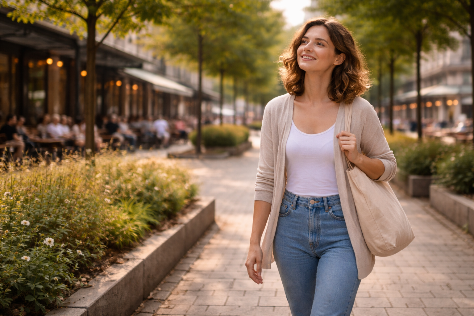 Mulher caminhando por rua urbana arborizada, com jardins e árvores ao redor, integrando natureza e cotidiano na cidade.