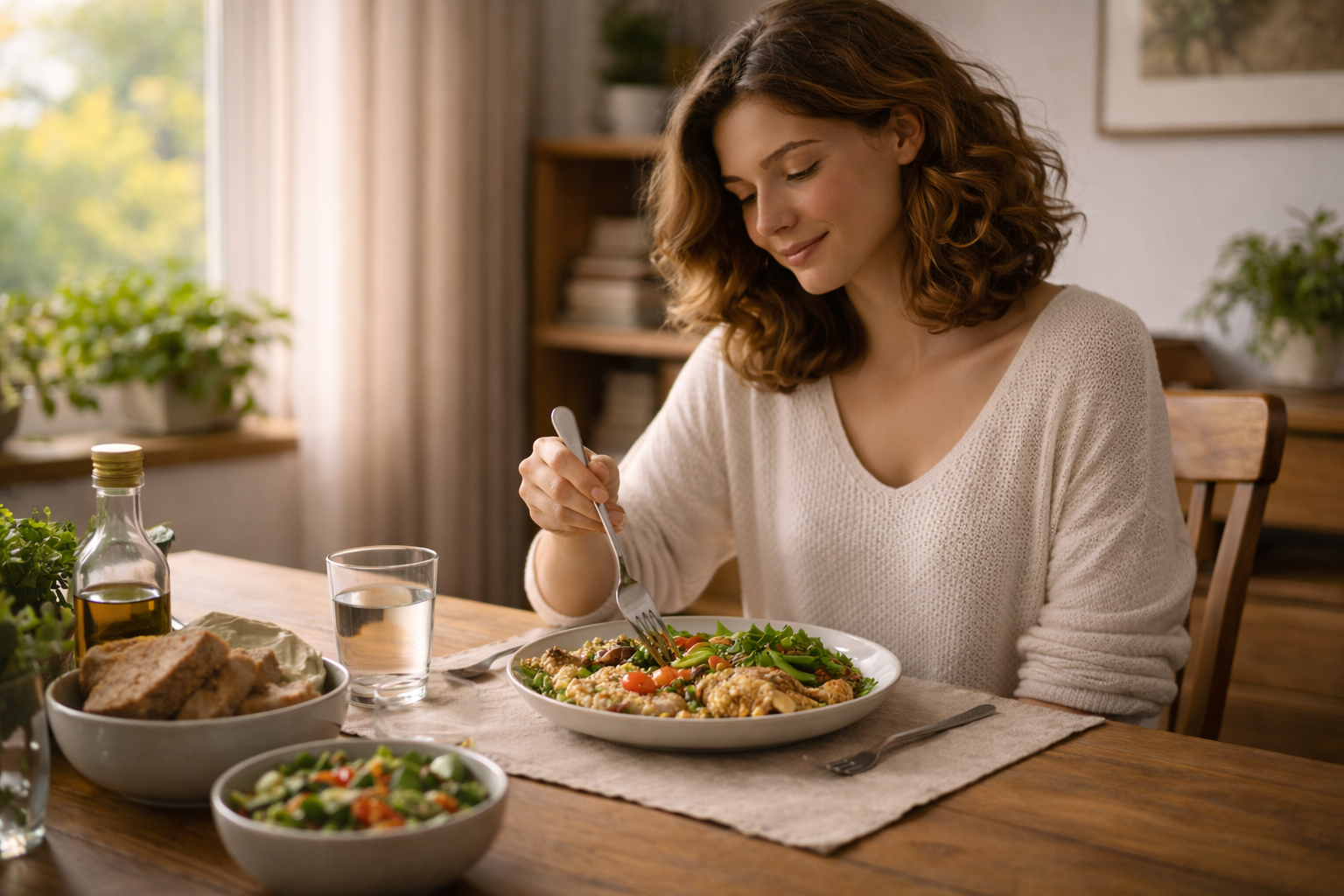 Mulher sentada à mesa de madeira fazendo refeição caseira com prato equilibrado e copo de água, em ambiente iluminado e tranquilo.