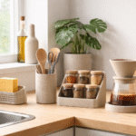 Objetos funcionais impressos em 3D organizados em cozinha natural e minimalista