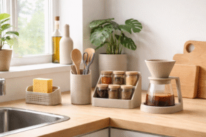 Objetos funcionais impressos em 3D organizados em cozinha natural e minimalista