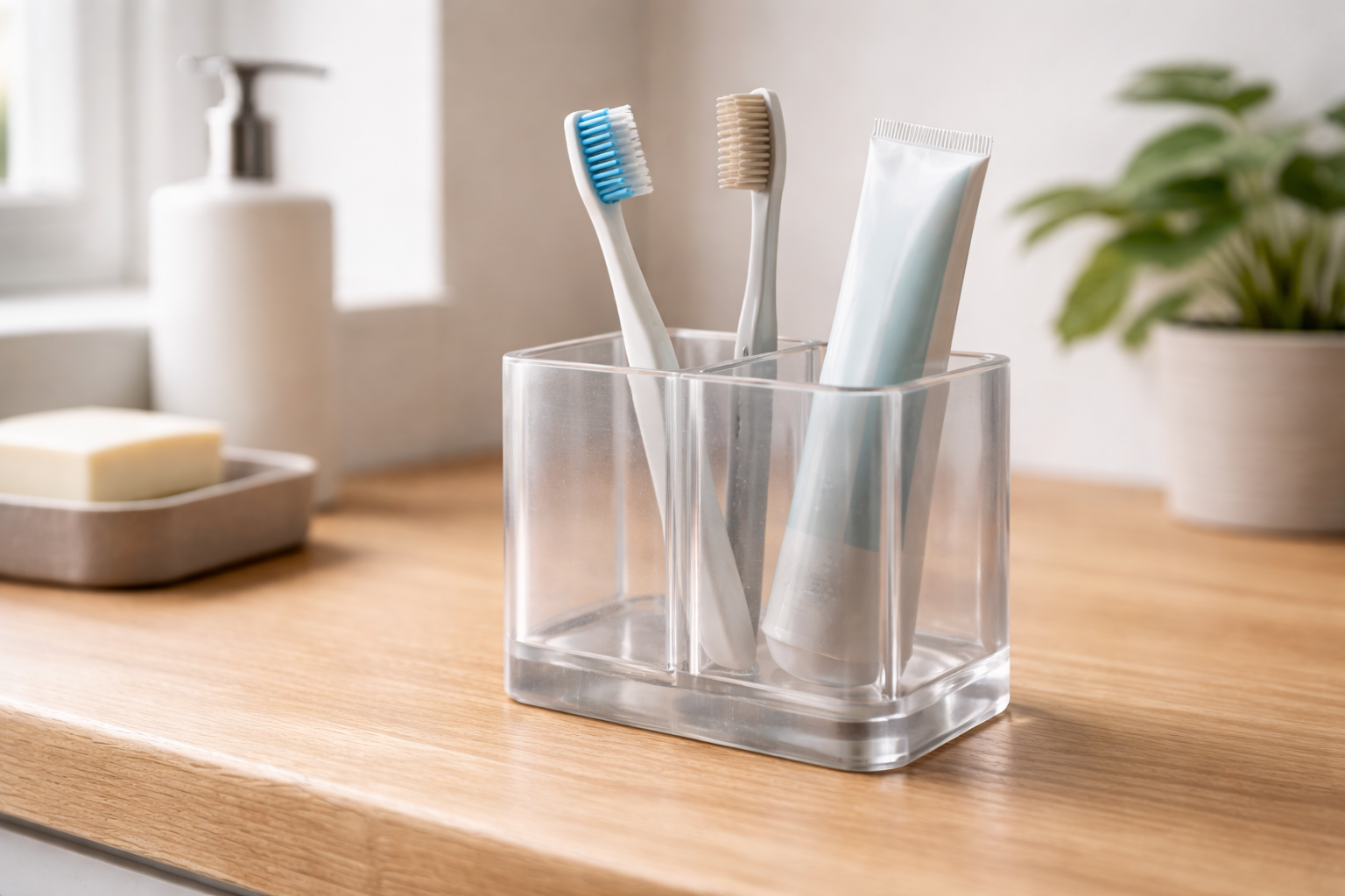 Impressão 3D na Casa Funcional: Modelos Úteis que Transformam o Dia a Dia Objeto doméstico funcional impresso em PETG translúcido sobre bancada de madeira.