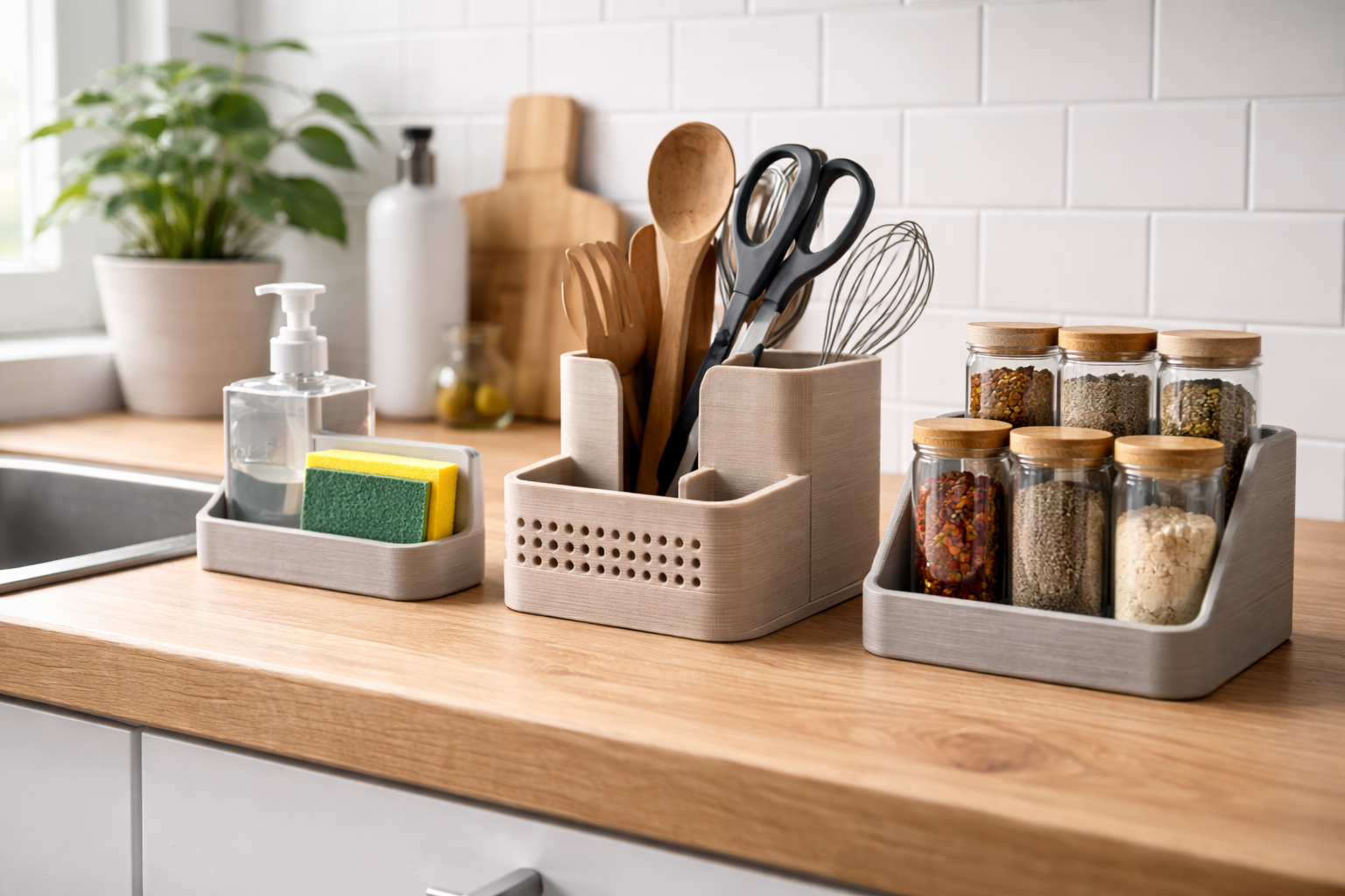 Impressão 3D na Casa Funcional: Modelos Úteis que Transformam o Dia a Dia Objetos funcionais impressos em 3D organizando bancada de cozinha moderna.