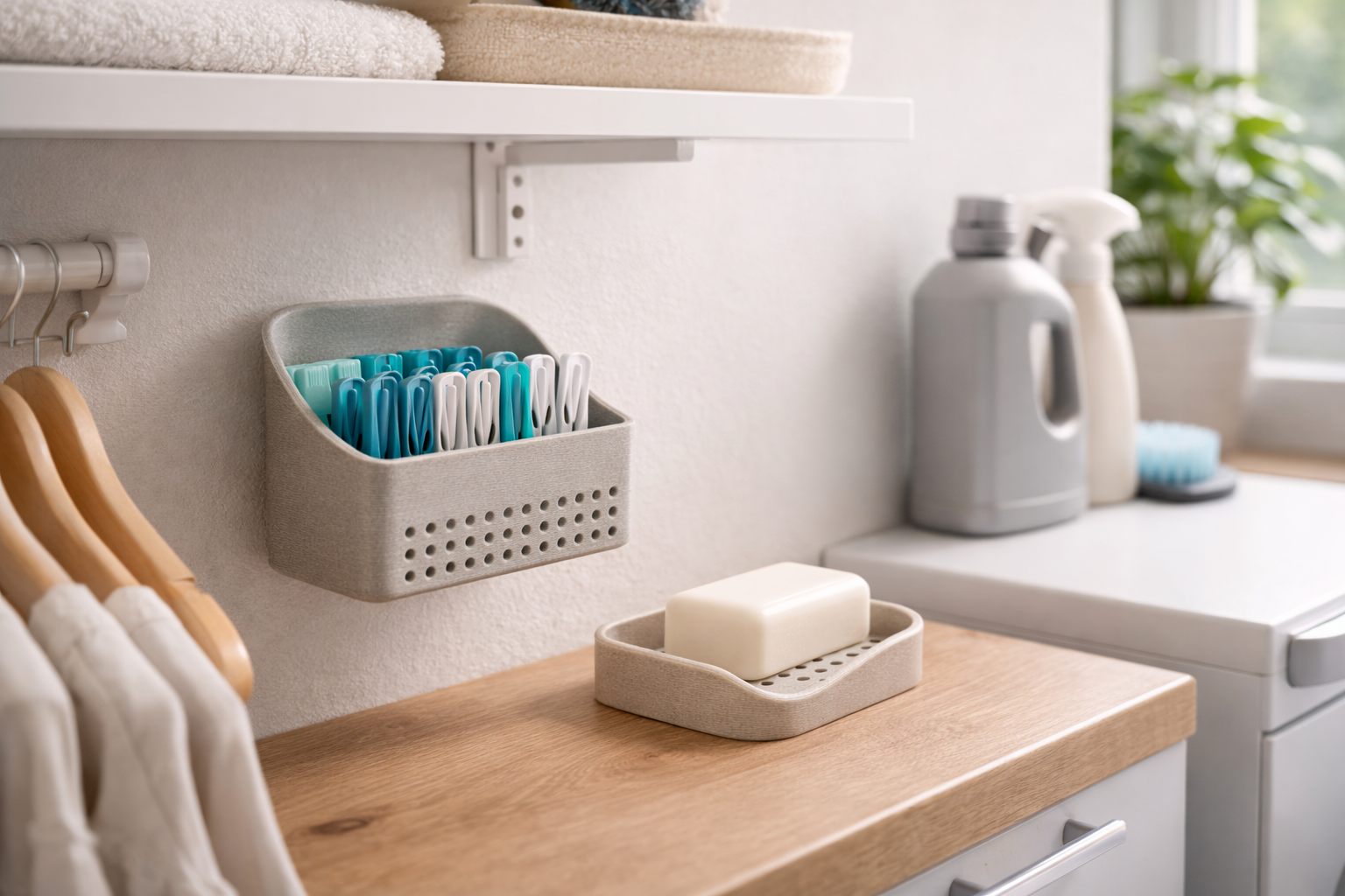 Impressão 3D na Casa Funcional: Modelos Úteis que Transformam o Dia a Dia Organizadores impressos em 3D melhorando a funcionalidade da área de serviço.