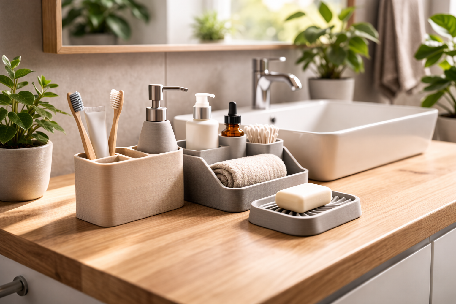 Impressão 3D na Casa Funcional: Modelos Úteis que Transformam o Dia a Dia Organizador de banheiro funcional impresso em 3D em ambiente moderno.