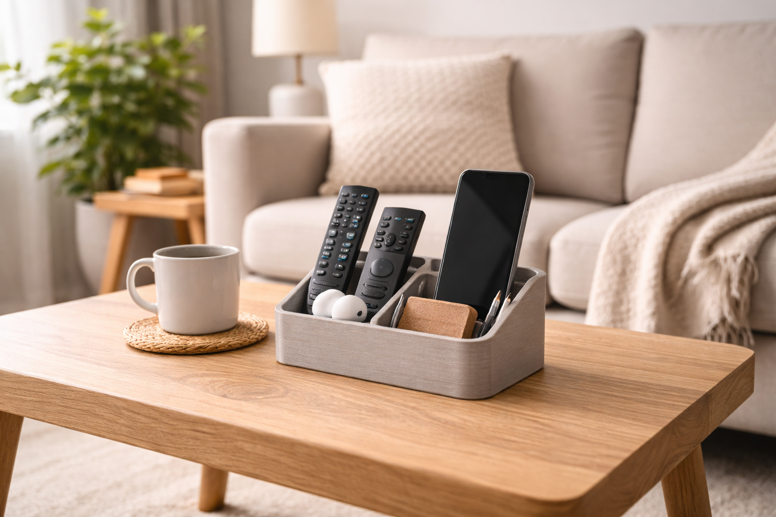 Impressão 3D na Casa Funcional: Modelos Úteis que Transformam o Dia a Dia Organizador doméstico impresso em 3D em mesa de sala moderna.