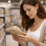 Pessoa analisando a lista de ingredientes em rótulo de alimento no supermercado para identificar ultraprocessados e avaliar o grau de processamento.