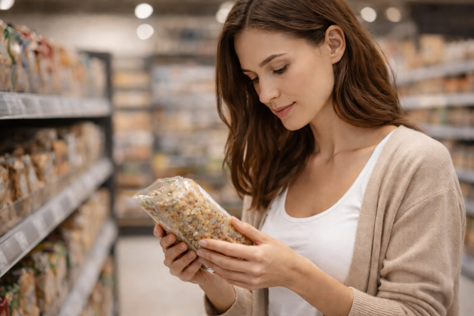 Pessoa analisando a lista de ingredientes em rótulo de alimento no supermercado para identificar ultraprocessados e avaliar o grau de processamento.