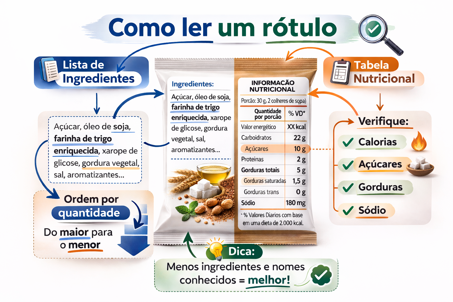 Como Ler Rótulos com Consciência Alimentar. Infográfico explicativo mostrando como ler um rótulo alimentar, destacando lista de ingredientes, tabela nutricional e ordem por quantidade.